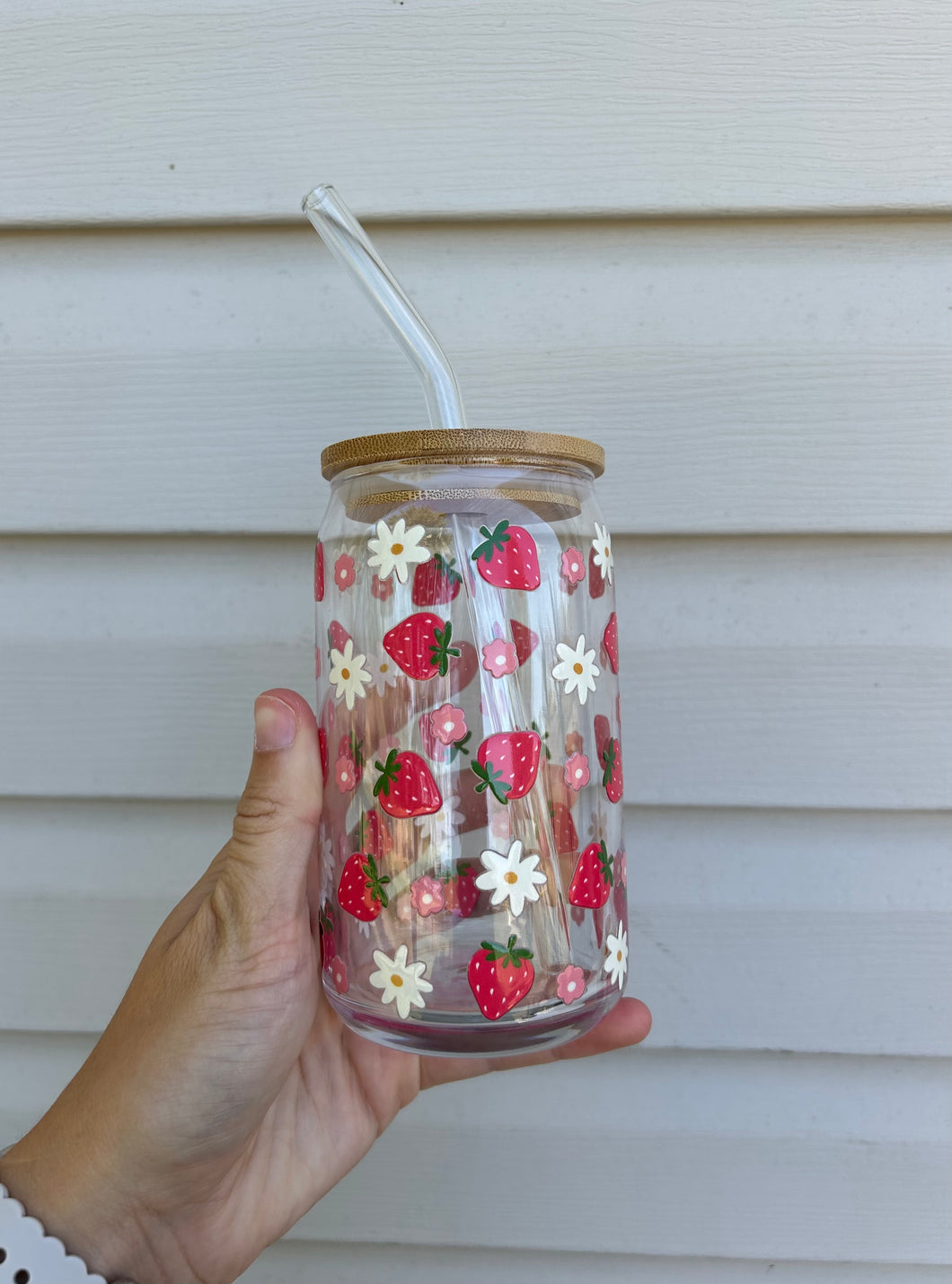 Strawberry Floral 16 oz Glass Can Cup