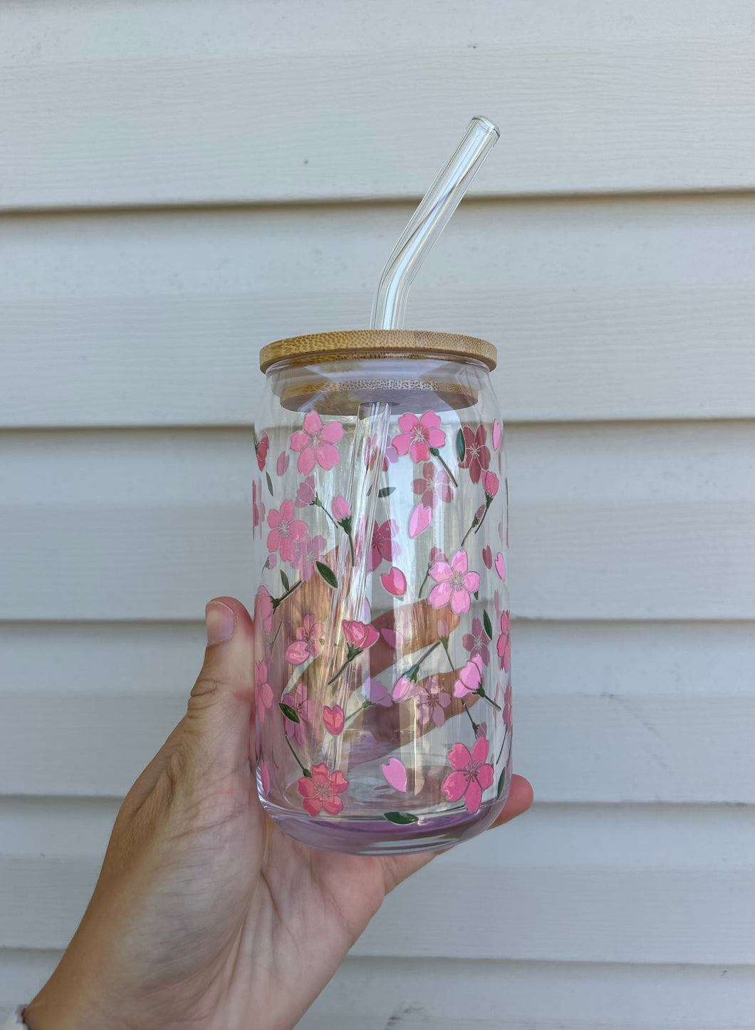 Pink Floral 16 oz Glass Can Cup